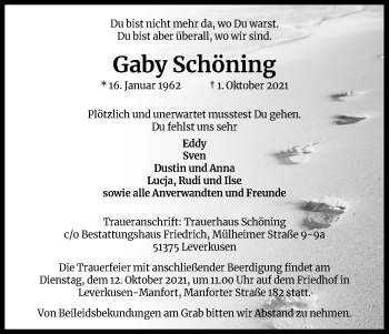 Anzeige von Gaby Schöning von Kölner Stadt-Anzeiger / Kölnische Rundschau / Express