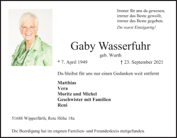 Anzeige von Gaby Wasserfuhr von Kölner Stadt-Anzeiger / Kölnische Rundschau / Express