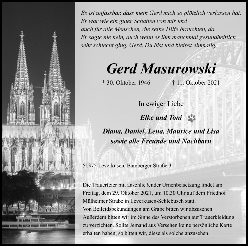  Traueranzeige für Gerd Masurowski vom 23.10.2021 aus Kölner Stadt-Anzeiger / Kölnische Rundschau / Express
