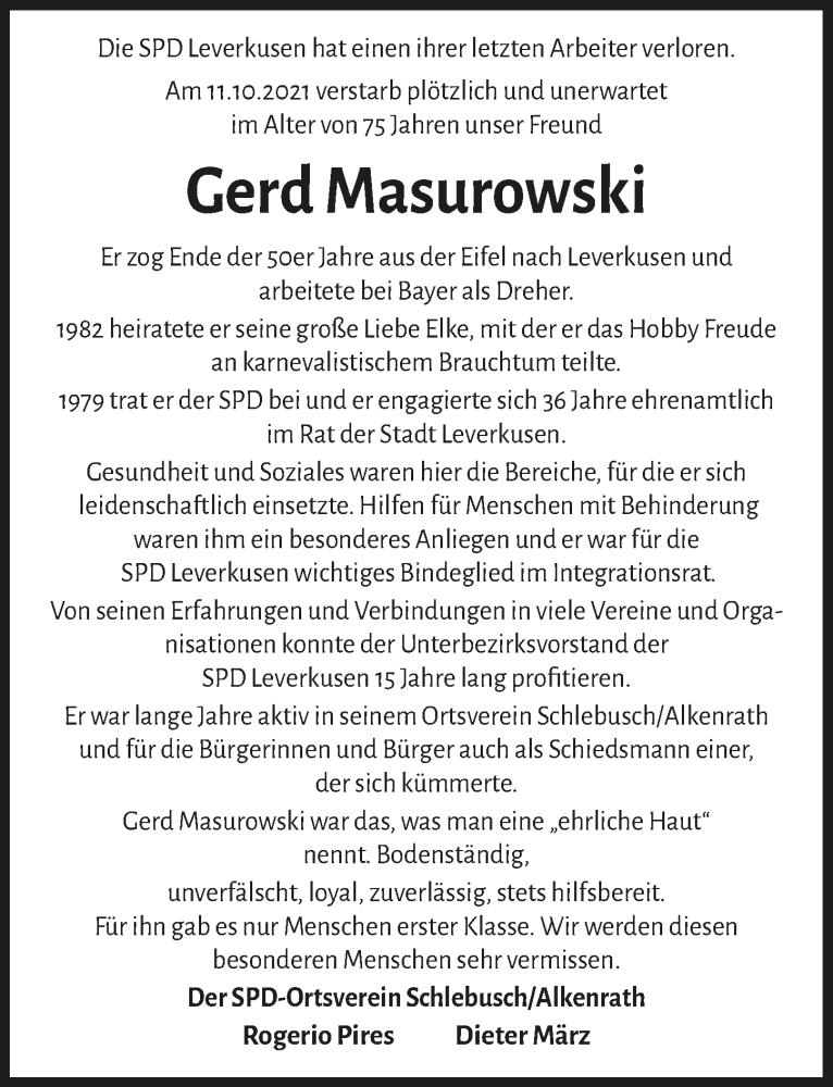  Traueranzeige für Gerd Masurowski vom 22.10.2021 aus  Lokale Informationen 