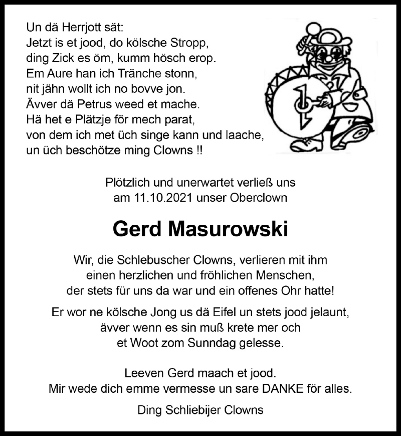 Traueranzeige für Gerd Masurowski vom 22.10.2021 aus  Lokale Informationen 