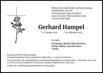 Anzeige von Gerhard Hampel von Kölner Stadt-Anzeiger / Kölnische Rundschau / Express