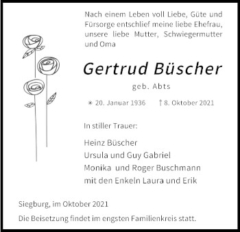 Anzeige von Gertrud Büscher von Kölner Stadt-Anzeiger / Kölnische Rundschau / Express