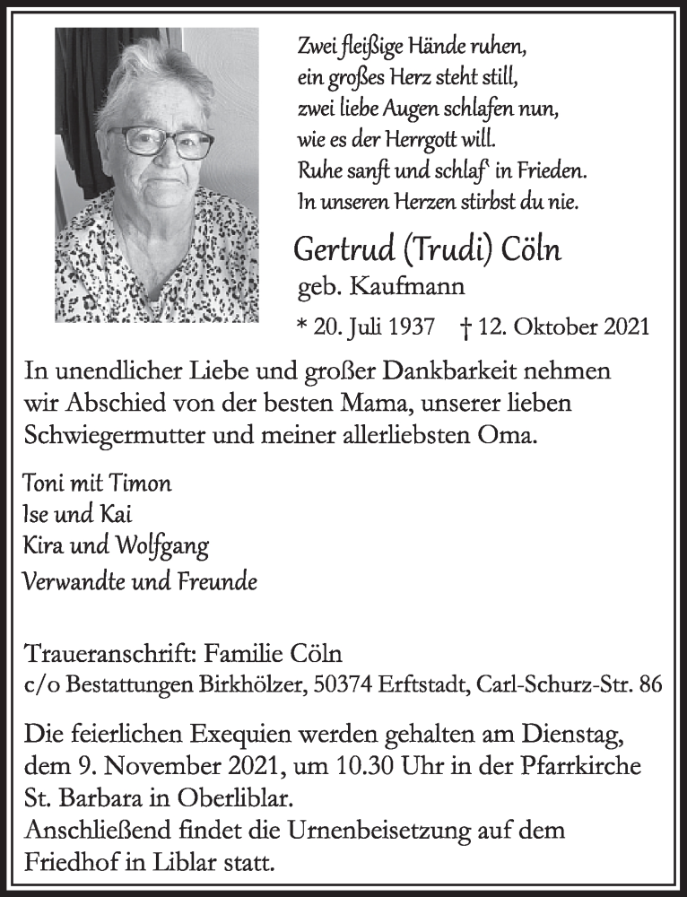  Traueranzeige für Gertrud Cöln vom 29.10.2021 aus  Werbepost 