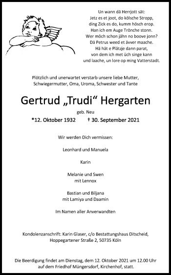Anzeige von Gertrud Hergarten von Kölner Stadt-Anzeiger / Kölnische Rundschau / Express