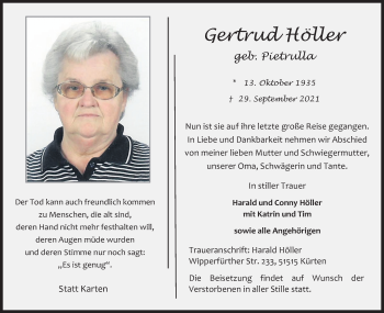 Anzeige von Gertrud Höller von Kölner Stadt-Anzeiger / Kölnische Rundschau / Express