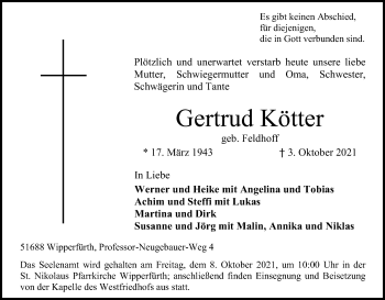 Anzeige von Gertrud Kötter von Kölner Stadt-Anzeiger / Kölnische Rundschau / Express