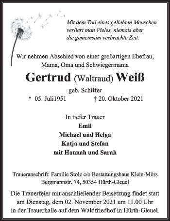 Anzeige von Gertrud Weiß von  Wochenende 