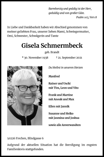 Anzeige von Gisela Schmermbeck von Kölner Stadt-Anzeiger / Kölnische Rundschau / Express