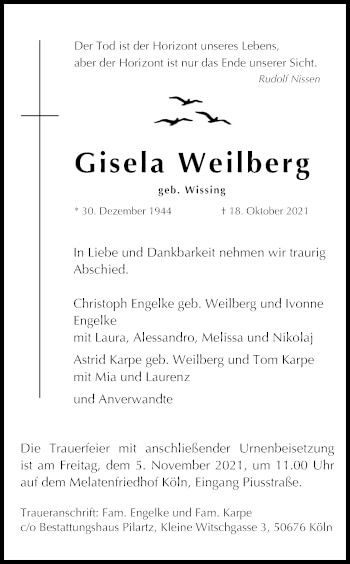 Anzeige von Gisela Weilberg von Kölner Stadt-Anzeiger / Kölnische Rundschau / Express