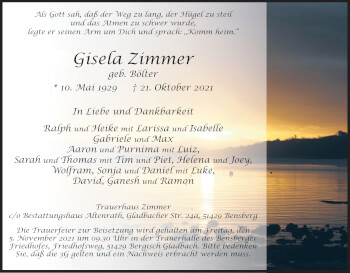 Anzeige von Gisela Zimmer von Kölner Stadt-Anzeiger / Kölnische Rundschau / Express