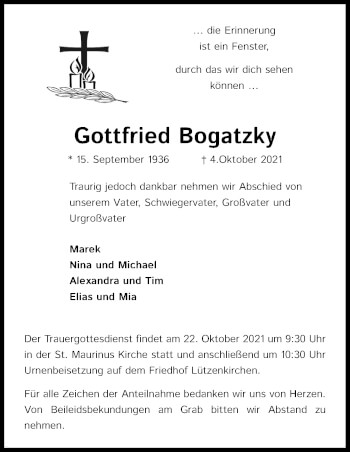 Anzeige von Gottfried Bogatzky von Kölner Stadt-Anzeiger / Kölnische Rundschau / Express