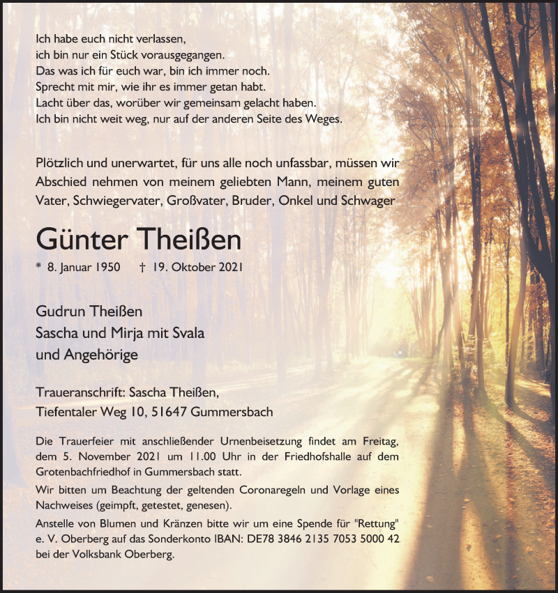  Traueranzeige für Günter Theißen vom 29.10.2021 aus Kölner Stadt-Anzeiger / Kölnische Rundschau / Express