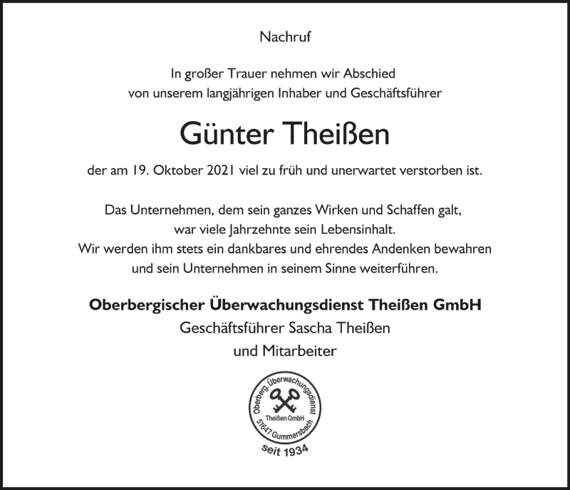  Traueranzeige für Günter Theißen vom 29.10.2021 aus  Anzeigen Echo 