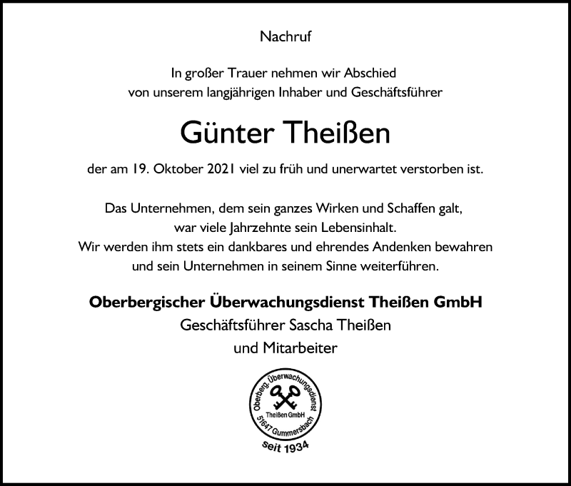 Traueranzeige für Günter Theißen vom 29.10.2021 aus Kölner Stadt-Anzeiger / Kölnische Rundschau / Express