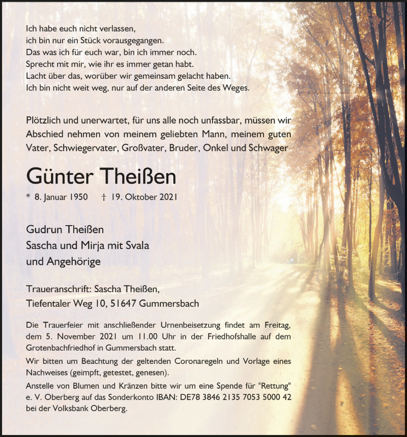  Traueranzeige für Günter Theißen vom 29.10.2021 aus  Anzeigen Echo 