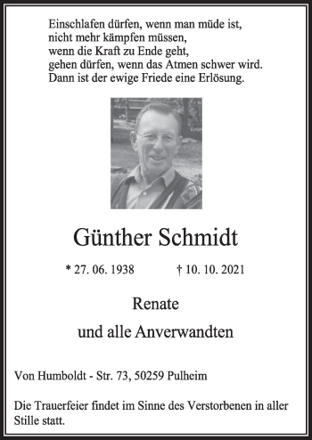 Anzeige von Günther Schmidt von  Wochenende 