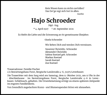 Anzeige von Hajo Schroeder von Kölner Stadt-Anzeiger / Kölnische Rundschau / Express