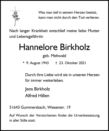 Anzeige von Hannelore Birkholz von  Anzeigen Echo 