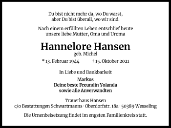 Anzeige von Hannelore Hansen von Kölner Stadt-Anzeiger / Kölnische Rundschau / Express