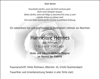 Anzeige von Hannelore Hennes von  Anzeigen Echo 