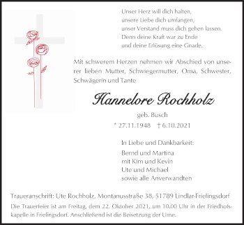 Anzeige von Hannelore Rochholz von Kölner Stadt-Anzeiger / Kölnische Rundschau / Express