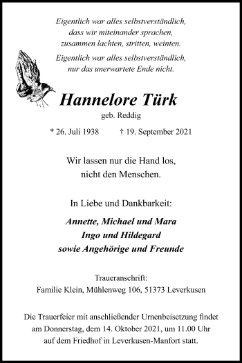 Anzeige von Hannelore Türk von Kölner Stadt-Anzeiger / Kölnische Rundschau / Express