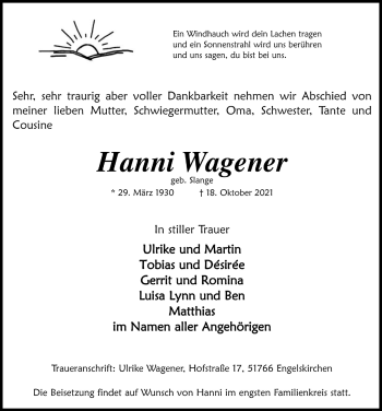 Anzeige von Hanni Wagener von  Anzeigen Echo 