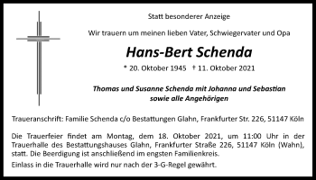 Anzeige von Hans-Bert Schenda von  Kölner Wochenspiegel 