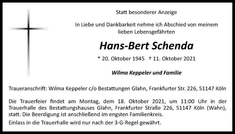  Traueranzeige für Hans-Bert Schenda vom 15.10.2021 aus  Kölner Wochenspiegel 