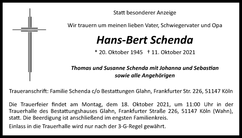  Traueranzeige für Hans-Bert Schenda vom 15.10.2021 aus  Kölner Wochenspiegel 