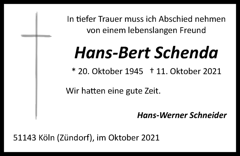  Traueranzeige für Hans-Bert Schenda vom 15.10.2021 aus  Kölner Wochenspiegel 