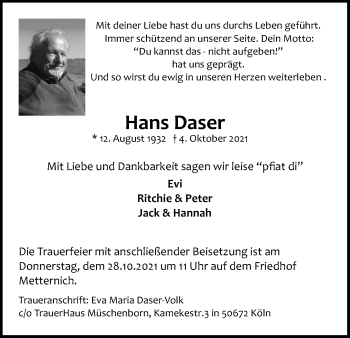 Anzeige von Hans Daser von Kölner Stadt-Anzeiger / Kölnische Rundschau / Express