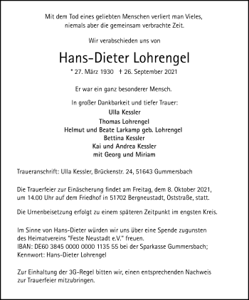 Anzeige von Hans-Dieter Lohrengel von Kölner Stadt-Anzeiger / Kölnische Rundschau / Express