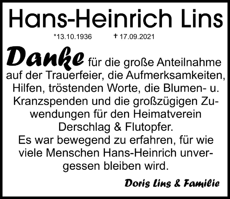  Traueranzeige für Hans-Heinrich Lins vom 29.10.2021 aus  Anzeigen Echo 