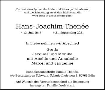 Anzeige von Hans-Joachim Thenée von Kölner Stadt-Anzeiger / Kölnische Rundschau / Express