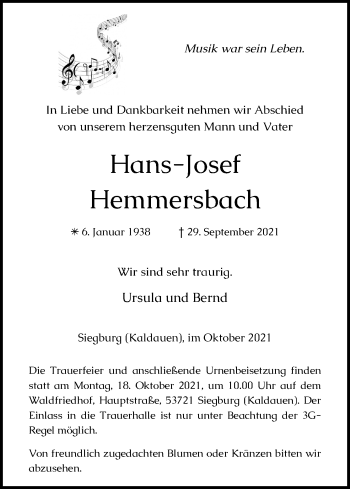 Anzeige von Hans-Josef Hemmersbach von Kölner Stadt-Anzeiger / Kölnische Rundschau / Express