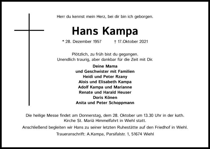  Traueranzeige für Hans Kampa vom 23.10.2021 aus Kölner Stadt-Anzeiger / Kölnische Rundschau / Express