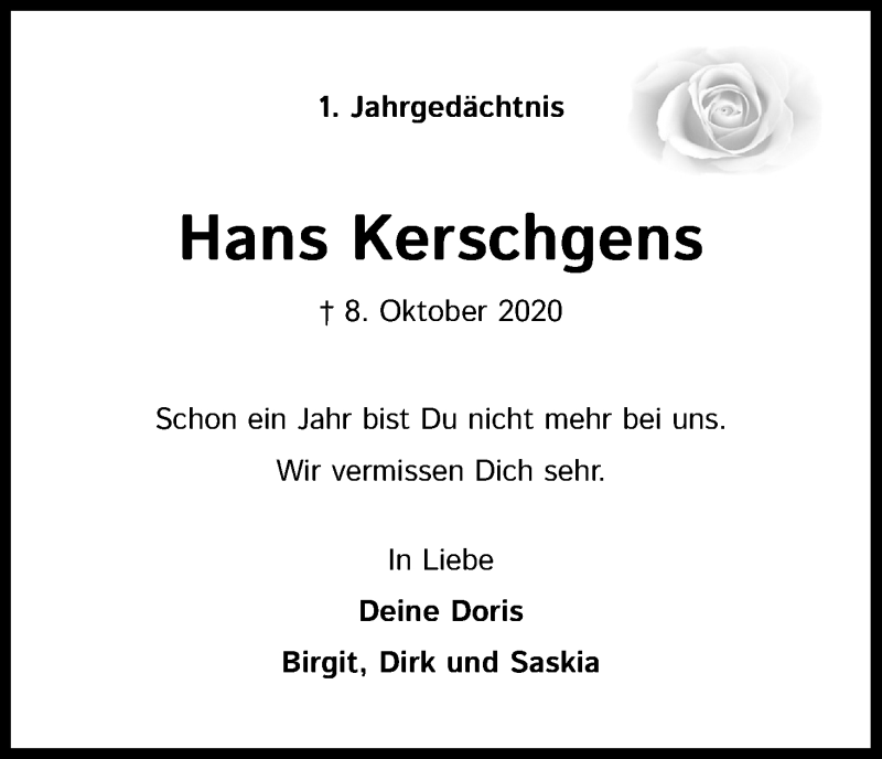 Traueranzeige für Hans Kerschgens vom 09.10.2021 aus Kölner Stadt-Anzeiger / Kölnische Rundschau / Express