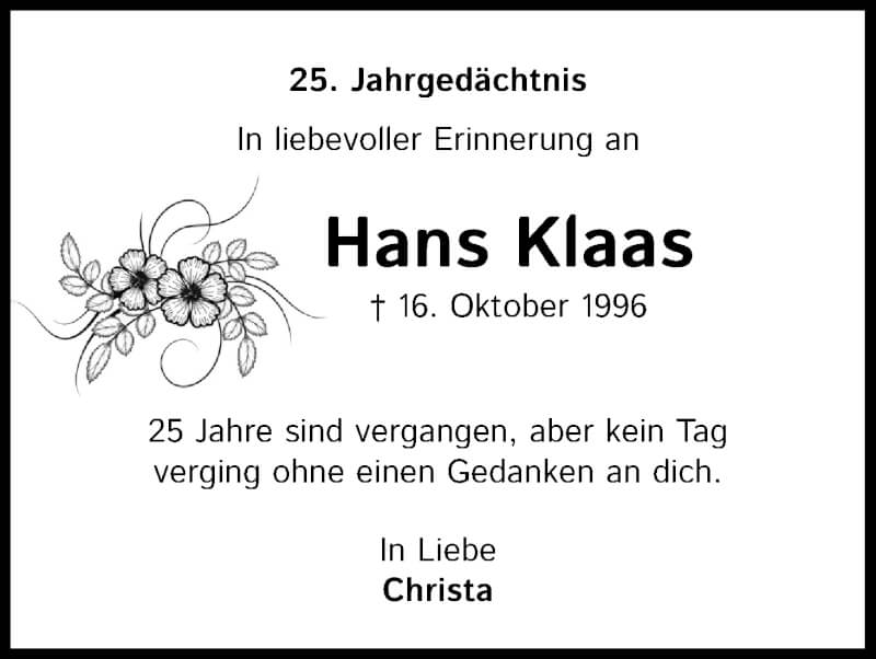  Traueranzeige für Hans Klaas vom 18.07.2023 aus Kölner Stadt-Anzeiger / Kölnische Rundschau / Express