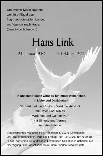 Anzeige von Hans Link von Kölner Stadt-Anzeiger / Kölnische Rundschau / Express