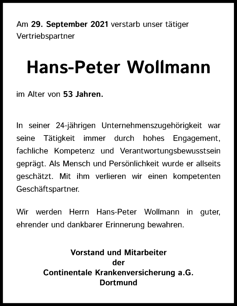  Traueranzeige für Hans-Peter Wollmann vom 09.10.2021 aus Kölner Stadt-Anzeiger / Kölnische Rundschau / Express