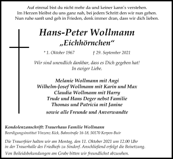 Anzeige von Hans-Peter Wollmann von Kölner Stadt-Anzeiger / Kölnische Rundschau / Express