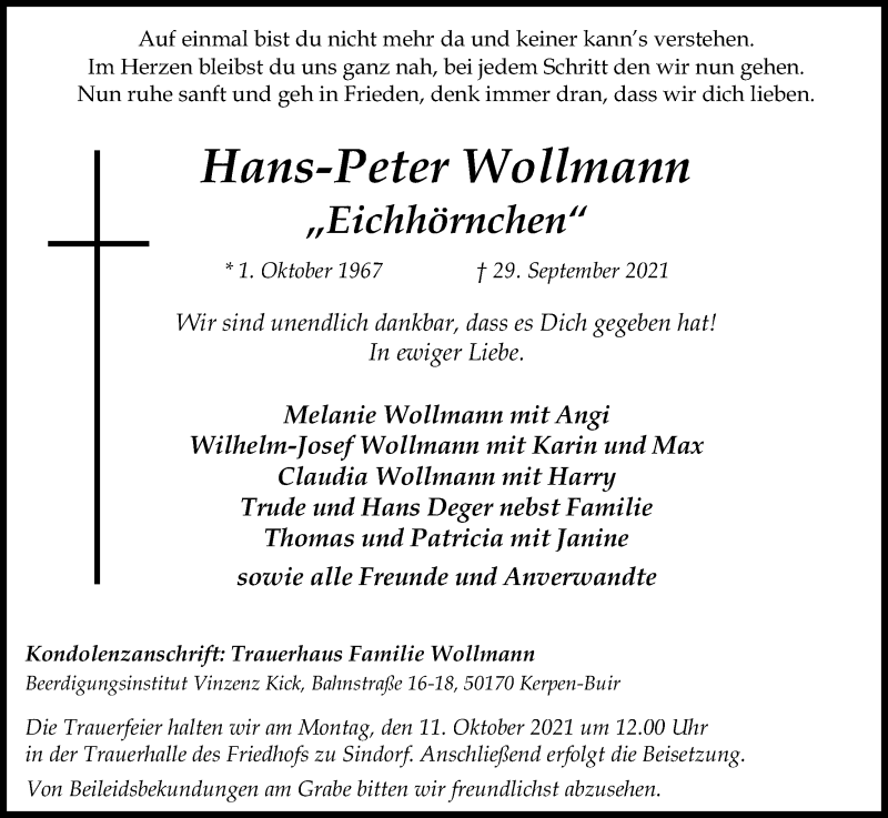  Traueranzeige für Hans-Peter Wollmann vom 09.10.2021 aus Kölner Stadt-Anzeiger / Kölnische Rundschau / Express