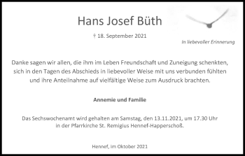 Anzeige von Hans Josef Büth von Kölner Stadt-Anzeiger / Kölnische Rundschau / Express