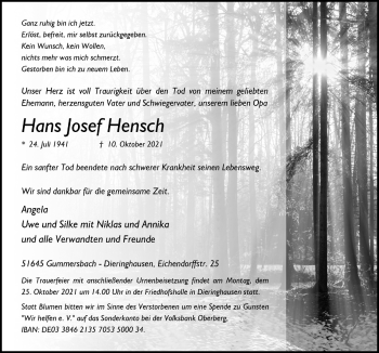 Anzeige von Hans Josef Hensch von  Anzeigen Echo 