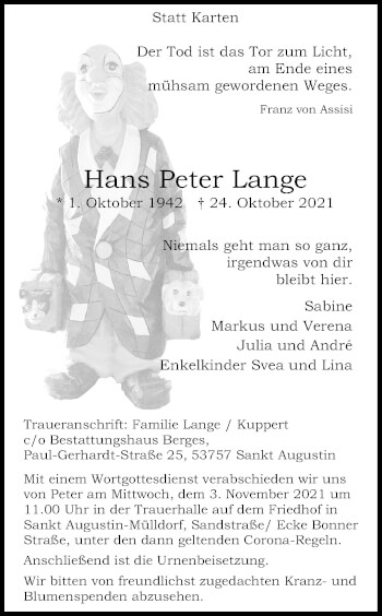 Anzeige von Hans Peter Lange von Kölner Stadt-Anzeiger / Kölnische Rundschau / Express