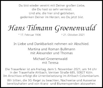 Anzeige von Hans Tilmann Groenenwald von Kölner Stadt-Anzeiger / Kölnische Rundschau / Express