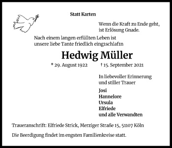 Anzeige von Hedwig Müller von Kölner Stadt-Anzeiger / Kölnische Rundschau / Express