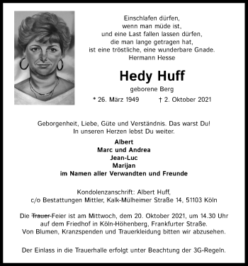 Anzeige von Hedy Huff von Kölner Stadt-Anzeiger / Kölnische Rundschau / Express